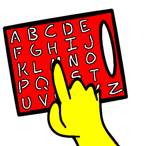 A drawing of a yellow hand pointing to the letter “M” in a letterboard.